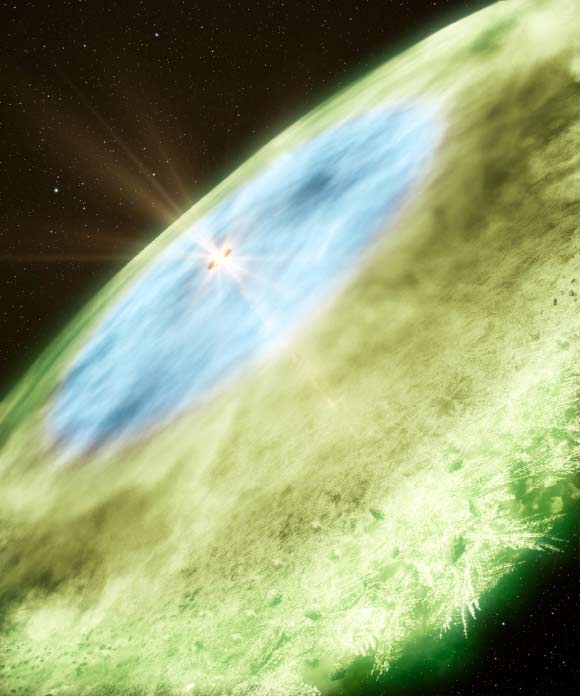 This is an artist's impression of the snow line in TW Hydrae showing water ice covered dust grains in the inner disc, shown in blue, and carbon monoxide ice covered grains in the outer disc, shown in green (B. Saxton / A. Angelich / NRAO / AUI / NSF / ALMA / ESO / NAOJ / NRAO)