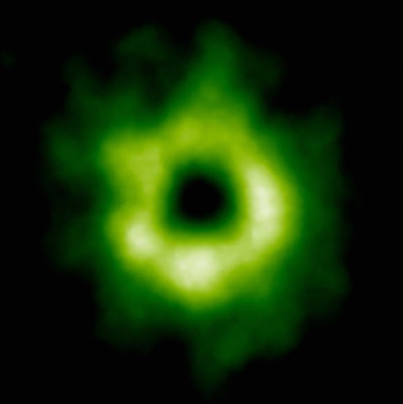 This image shows the region where carbon monoxide snow has formed around TW Hydrae (ALMA / ESO / NAOJ / NRAO)