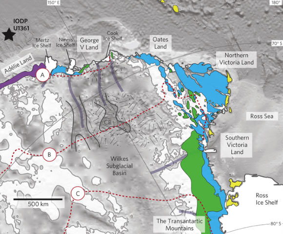 Regional map of study area, including geology of outcrops and inferred subglacial geology. Areas above sea level are shown in pale gray with gray outlines, and ice shelves are shown in white. Red lines denote the spatial extent of modeled maximum East Antarctic ice sheet retreat for the Pliocene: line A - 3 m; line B - 10 m; line C - 16 m (Cook CP et al)