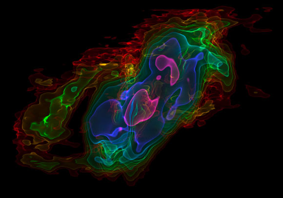This is a 3D visualization of ALMA observations of cold carbon monoxide gas in the nearby starburst galaxy NGC 253 (ALMA / ESO / NAOJ / NRAO / Erik Rosolowsky)