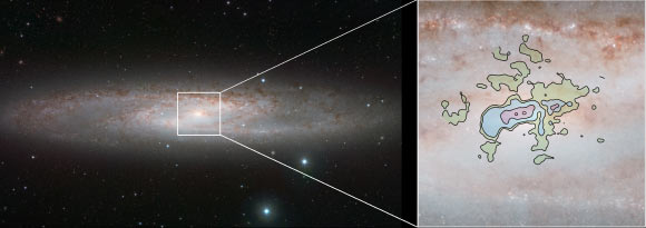 This picture shows the infrared view of NGC 253 from ESO’s VISTA Telescope and a detailed new view of the cool gas outflows at millimeter wavelengths from ALMA (ESO / ALMA / NAOJ / NRAO / J. Emerson / VISTA / Cambridge Astronomical Survey Unit)
