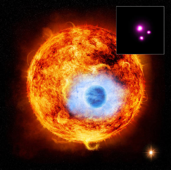 This artist’s impression shows HD 189733b, a gas giant that goes around its star once every 2.2 days. The inset shows HD 189733, its faint red companion and HD 189733b in X-rays (Illustration: NASA / CXC / M.Weiss; X-ray: NASA / CXC / SAO / K.Poppenhaeger et al)