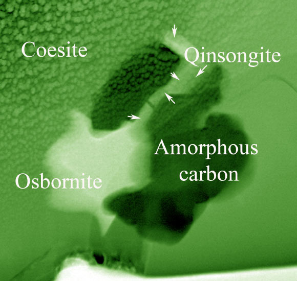 Qingsongite is a recently discovered mineral. Coesite and osbornite are also ultra-high pressure minerals (Larissa Dobrzhinetskaya / University of California, Riverside)