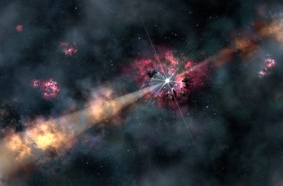This is an artist's impression of GRB 130606A illuminating interstellar gas in its host galaxy (Gemini Observatory / AURA / Lynette Cook)