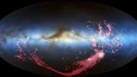In this composite image, the Magellanic Stream is shown in pink. The Milky Way is the light blue band in the center of the image. The Magellanic Clouds, satellite galaxies of the Milky Way, are the white regions at the bottom right (David L. Nidever et al. / NRAO / AUI / NSF / Mellinger / Leiden / Argentine / Bonn Survey / Parkes Observatory / Westerbork Observatory / Arecibo Observatory)