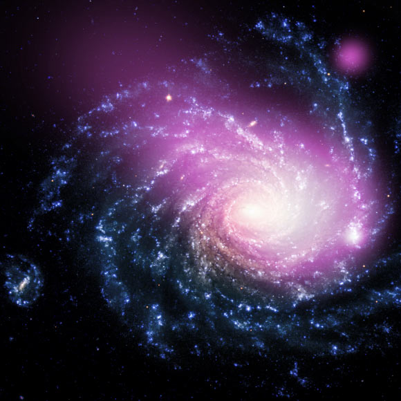 X-ray data, in purple, show the hot gas has a comet-like appearance, caused by the motion of the dwarf galaxy. Optical data reveal the spiral galaxy NGC 1232 in blue and white (X-ray: NASA / CXC / Huntingdon Inst. for X-ray Astronomy / G. Garmire; optical: ESO / VLT).