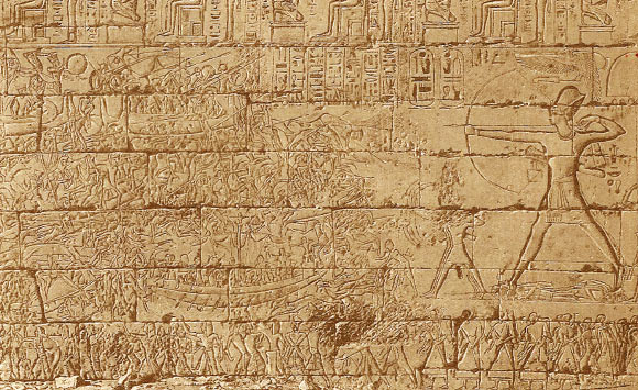 Hieroglyphic and cuneiform texts portray the proximate cause of the collapse of the late Bronze Age civilizations as the invasions of the Sea Peoples. But the new study says the Eastern Mediterranean cultures suffered wars, famine fuelled by climate change. The picture shows Sea Peoples in their ships during the battle with the Egyptians (Drawn by Boudier from a photograph by Beato).