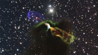This image of Herbig-Haro object HH 46/47 combines radio observations with ALMA with visible light observations from the New Technology Telescope. The ALMA observations, orange and green, lower right, of the newborn star reveal a large energetic jet moving away from us, which in the visible is hidden by dust and gas. To the left, in pink and purple, the visible part of the jet is seen, streaming partly towards us. Credit: ESO /ALMA / NAOJ / NRAO / H. Arce. Acknowledgements: Bo Reipurth.