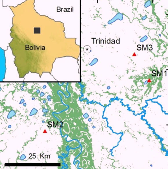 This map shows location of three hunter-gatherer settlements in the Bolivian Amazon: the site of Isla del Tesoro – SM1, a site west of the Mamoré River – SM2, a site east of Trinidad – SM3 (Lombardo U et al).