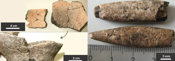 Fragmented pottery, left, and bone tools found at the site of Isla del Tesoro (Lombardo U et al).