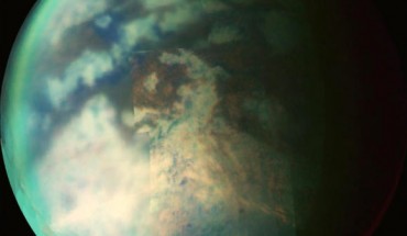 This image is a composite of several images taken during two separate Titan flybys on October 9 and October 25, 2004. Credit: NASA / JPL / University of Arizona.