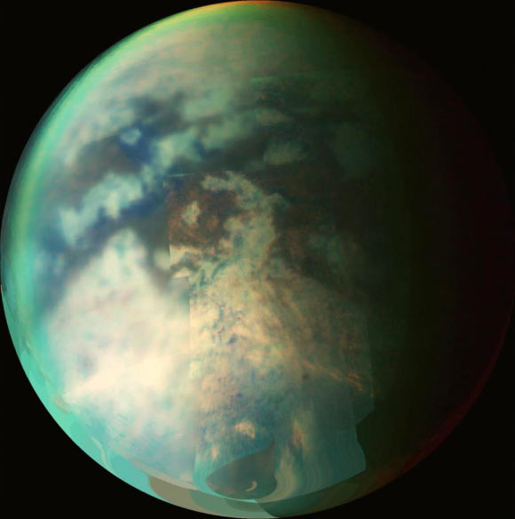 This image is a composite of several images taken during two separate Titan flybys on October 9 and October 25, 2004. Credit: NASA / JPL / University of Arizona.