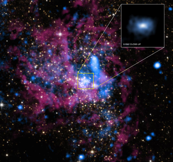 This image shows the region around Sagittarius A* as seen in a wider-field view of X-rays by Chandra and infrared emission from Hubble, as well as a Chandra-only image just half a light year across (X-ray: NASA / Umass / D.Wang et al.; IR: NASA / STScI).