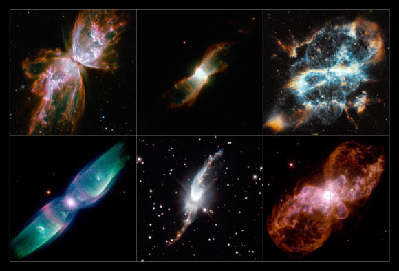 This mosaic shows stunning images of bipolar planetary nebulae, from left to right: row 1 - NGC 6302, NGC 6881, NGC 5189; row 2 - M2-9, Hen 3-1475, Hubble 5 (ESA / NASA / Hubble Heritage Team / Hubble SM4 ERO Team).