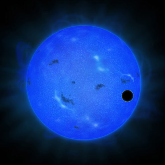 This artist's impression shows how Gliese 1214b may look as it transits its parent star. Image credit: NAOJ.