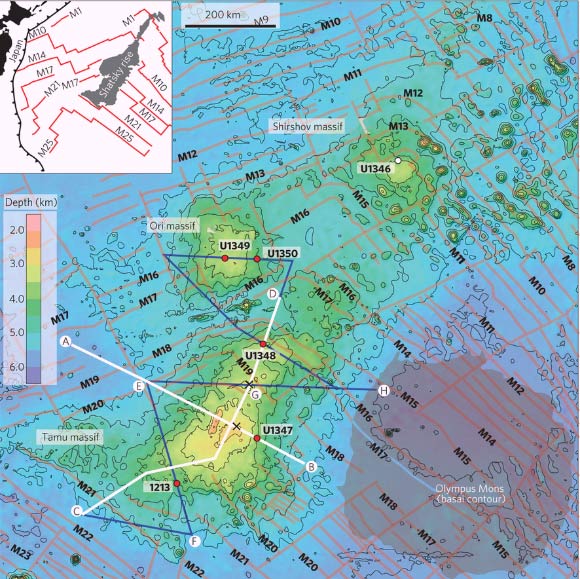 Map of the Tamu Massif formation. Grey area, lower right, shows the footprint of Martian Olympus Mons at the same scale (William W. Sager et al).
