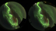 Two digital single-lens reflex cameras captured these two all-sky images of Northern Lights in Alaska. The subtle differences between the left and right pictures allow the team to measure the altitude where electrons in the atmosphere emit the light that produces aurora (Kataoka et al).