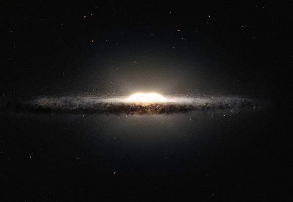 This artist's impression shows how the Milky Way galaxy would look seen from almost edge on and from a very different perspective than we get from the Earth. The central bulge shows up as a peanut shaped glowing ball of stars and the spiral arms and their associated dust clouds form a narrow band (ESO / NASA / JPL-Caltech / M. Kornmesser / R. Hurt).