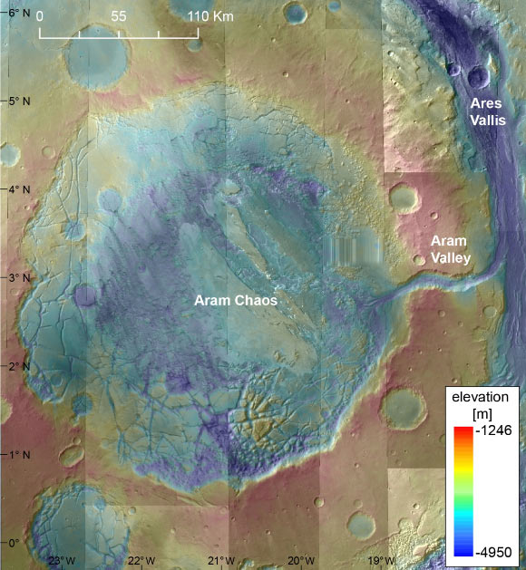 View of Aram Chaos with elevation map. Image credit: Faculty of Geosciences, Utrecht University.