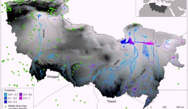 This image shows Irharhar, Sahabi and Kufrah rivers systems in the Sahara region. The green points show the location of archaeological sites in the region. Image credit: Coulthard TJ et al.