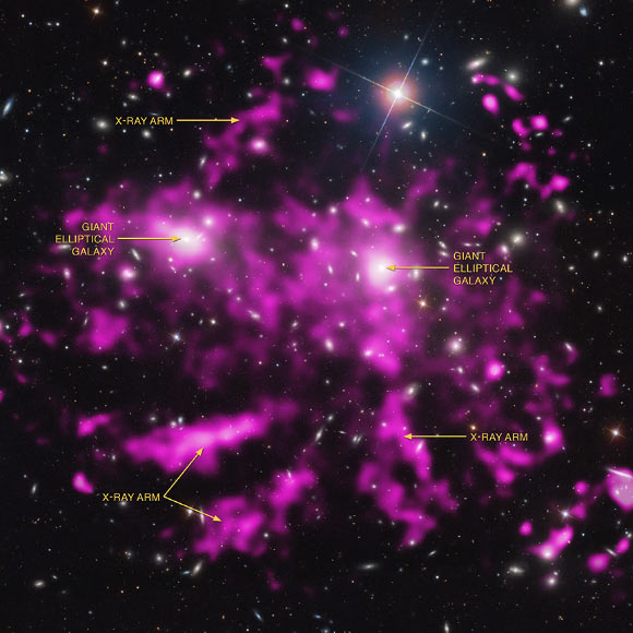 This composite image shows enormous arms of plasma in the Coma galaxy cluster. Image credit: X-ray – NASA / CXC / MPE / J. Sanders et al.; optical - SDSS.