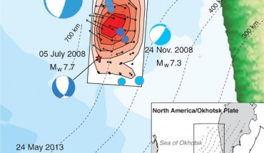 The world's largest recorded deep earthquake occurred on May 24, 2013, at a depth of 609 km in the subducting Pacific plate beneath the Sea of Okhotsk near Kamchatka, Russia, as shown on this map. Image credit: Ye et al / Science.
