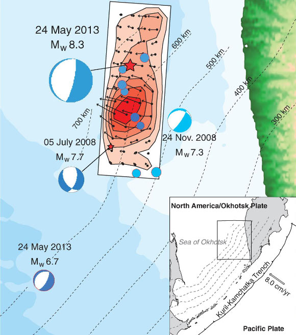 The world's largest recorded deep earthquake occurred on May 24, 2013, at a depth of 609 km in the subducting Pacific plate beneath the Sea of Okhotsk near Kamchatka, Russia, as shown on this map. Image credit: Ye et al / Science.