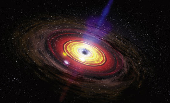 This is an artist's conception of a black hole generating a jet. Two million years ago Sagittarius A* - the supermassive black hole at the center of our Galaxy - was 100 million times more powerful than it is today. Image credit: NASA / Dana Berry / SkyWorks Digital.