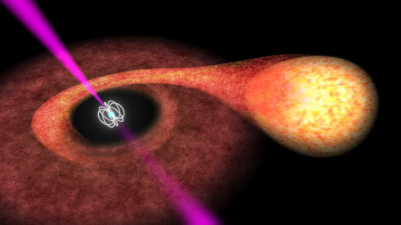 This artist's impression shows PSR J1824-2452I and its companion star. Image credit: ESA.