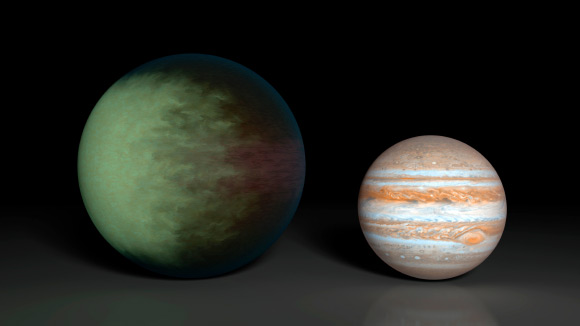 This artist's rendering shows the gas giant Kepler-7b, left, and Jupiter, right. The cloud map shows that clouds cover the western side of the gaseous planet, leaving the east cloud-free. Dr Demory and his colleagues speculate the clouds are made up of minerals containing silicates. Image credit: NASA / JPL-Caltech / MIT.