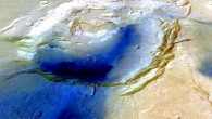 This false color image shows the Eden Patera supervolcano, Arabia Terra, Mars. Image credit: ESA / Mars Express / Freie Universitat Berlin / NHM.