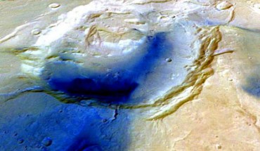 This false color image shows the Eden Patera supervolcano, Arabia Terra, Mars. Image credit: ESA / Mars Express / Freie Universitat Berlin / NHM.