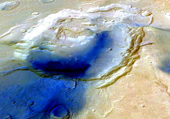 This false color image shows the Eden Patera supervolcano, Arabia Terra, Mars. Image credit: ESA / Mars Express / Freie Universitat Berlin / NHM.