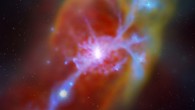 This image shows the galaxy Q1442-MD50, center, with incoming cold gas flow. A stream of primordial inflowing hydrogen is illuminated from behind by a distant background quasar, lower left, - quasar added by an artist. Image credit: MPIA / G. Stinson / A. V. Macciò.