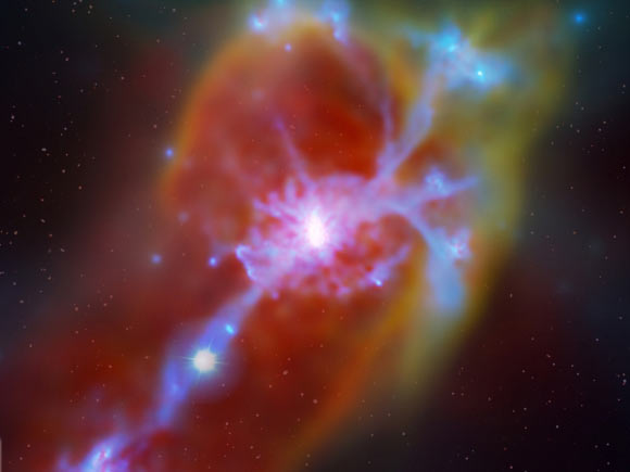 This image shows the galaxy Q1442-MD50, center, with incoming cold gas flow. A stream of primordial inflowing hydrogen is illuminated from behind by a distant background quasar, lower left, - quasar added by an artist. Image credit: MPIA / G. Stinson / A. V. Macciò.