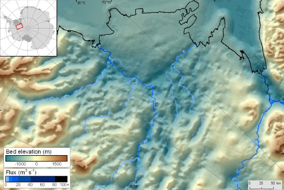 Subglacial topography and predicted flow routes for catchments of the Institute Ice Stream and the Möller Ice Stream. Image credit: Anne M. Le Brocq et al.