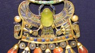 This image shows Tutankhamun's pectoral with a scarab carved from the Libyan Desert Glass. Image credit: Jon Bodsworth.