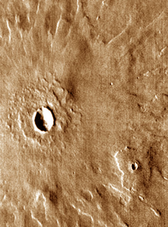 This image shows a 5.5 km-diameter LARLE crater on Mars. Image credit: Northern Arizona University.