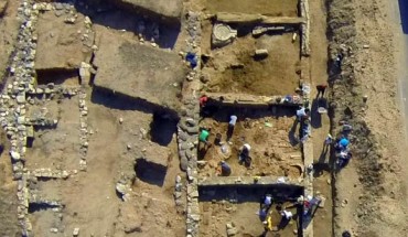 This is an aerial photo of the portico discovered at the archaeological site of Argilos. Image credit: Jacques Perreault, the University of Montreal.