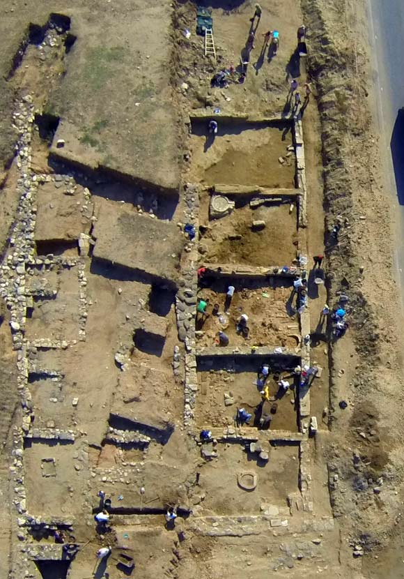 This is an aerial photo of the portico discovered at the archaeological site of Argilos. Image credit: Jacques Perreault, the University of Montreal.