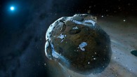 This is an artist's impression of a rocky and water-rich asteroid being torn apart by the strong gravity of the white dwarf star GD 61. Image credit: Mark A. Garlick, Space-art.co.uk / University of Warwick / University of Cambridge.