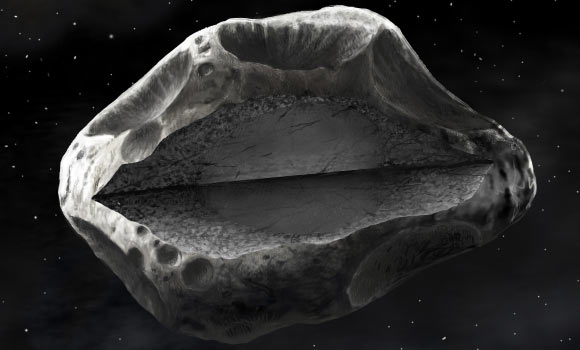 The differentiated interior of Sylvia is shown through a cutaway diagram. The asteroid may have a dense, regularly-shaped core, surrounding by a fluffy or fractured material. Image credit: Danielle Futselaar / SETI Institute.