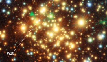 This image shows the red supergiant star W26. Clouds of glowing hydrogen gas are seen around the star as green features. Image credit: ESO / VPHAS+ Survey / N. Wright.