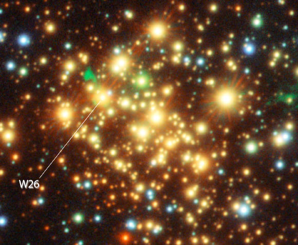 This image shows the red supergiant star W26. Clouds of glowing hydrogen gas are seen around the star as green features. Image credit: ESO / VPHAS+ Survey / N. Wright.