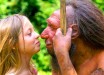 This image shows a Neanderthal and a human kid. Image credit: Neanderthal Museum.