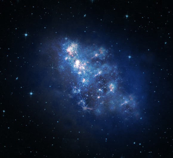 This is an artist's impression of the galaxy Z8-GND-5296. Image credit: V. Tilvi / S.L. Finkelstein / C. Papovich / the Hubble Heritage Team.