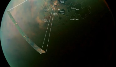 This image of Titan, taken by Cassini spacecraft, reveals differences in the composition of surface materials around hydrocarbon lakes and seas on this largest moon of Saturn. Image credit: NASA / JPL-Caltech / University of Arizona / University of Idaho.