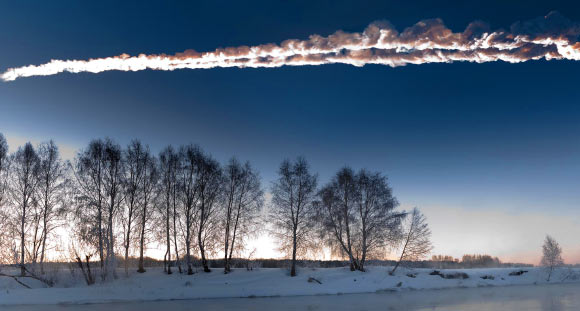This photograph shows the meteor streaking through the sky above Chelyabinsk, Russia. Image credit: M. Ahmetvaleev.