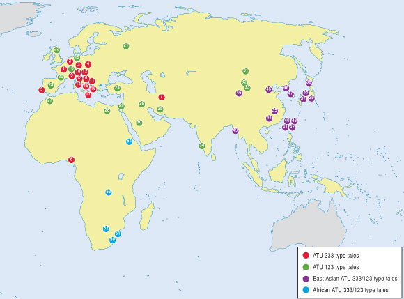 This map shows locations from which the folktales studied were sourced. Numbers in the circles refer to the variants analyzed. Image credit: Tehrani JJ.