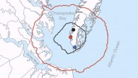This map shows locations of Chesapeake Bay crater and coreholes; the black and red circular lines mark the outer edges of the inner and outer craters; the black circle marks the location of the deep corehole. Image credit: Sanford WE et al.